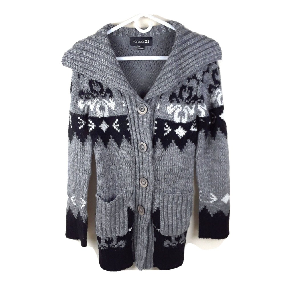 Forever 21 Gray Black White Button Up Cardigan Sweater Womens Size Small Petite